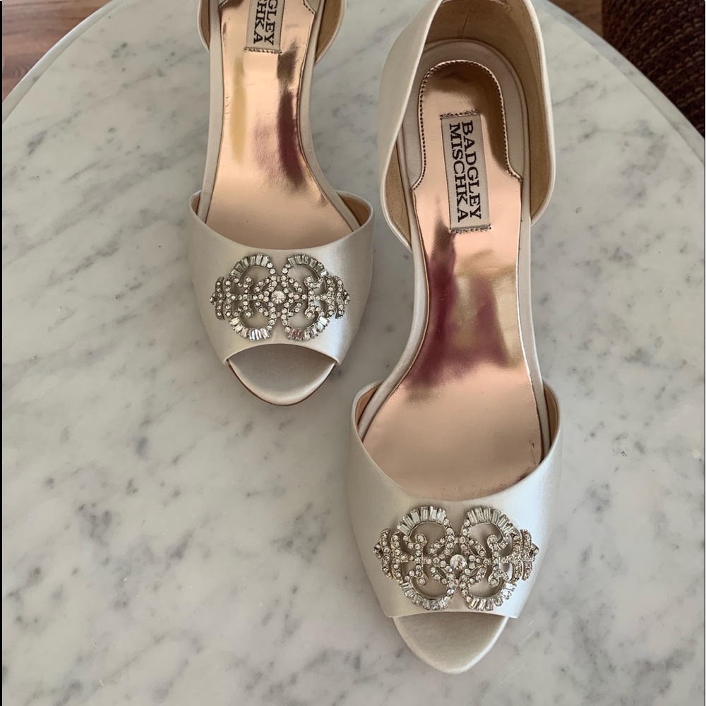 Badgley Mischka Ivory Satin Peep-Toe Heels with Crystal Brooch